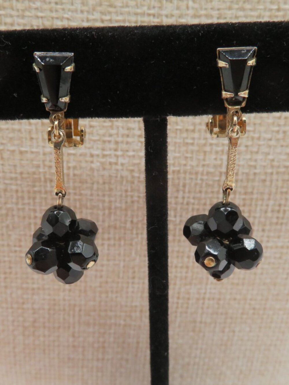 Vintage Lewis Segal Black Faceted Glass Gold Tone Clip-On Earrings